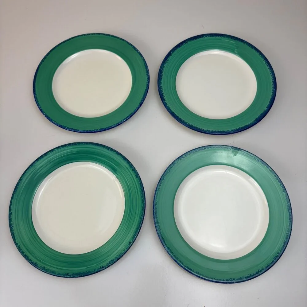 Set Of 4 Pier 1 Handpainted Salad‎ Plates Teal Blue Rim Italy 7.5 “